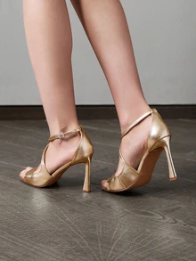 CHICVUE Women's Elegant Gold High Heel Shoes, Sexy Fashion Gold Metal PU Ladies Summer Sandals, Square Toe Sexy Party Banquet Women's High Heel Sandals - Gold - View 4