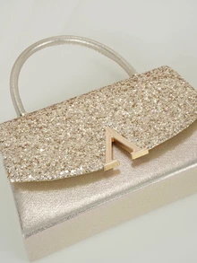 Clariva Bolso de noche para mujer, embrague de moda con tela brillante, bolso de gran capacidad, decoración de metal en forma de V de lujo, adecuado para bodas, fiestas, reuniones, eventos, regalo de cumpleaños, regalo del Día de San Valentín - Dorado - Ver 5