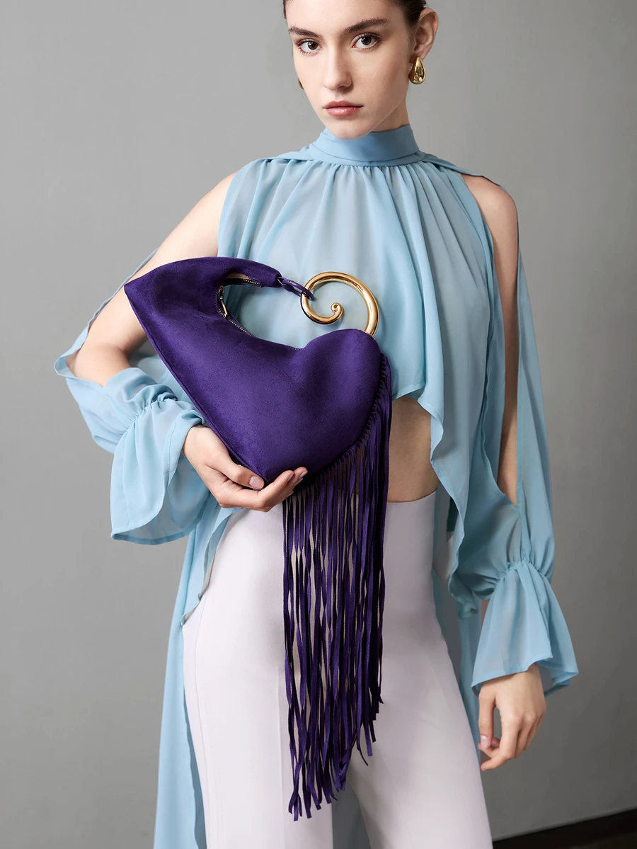 CHICVUE A Fashionable Burgundy Velvet Tassel Handbag For Women, With A Golden Spiral Hook, Very Suitable For Attending Evening Parties And Social Occasions. - Purple - View 1