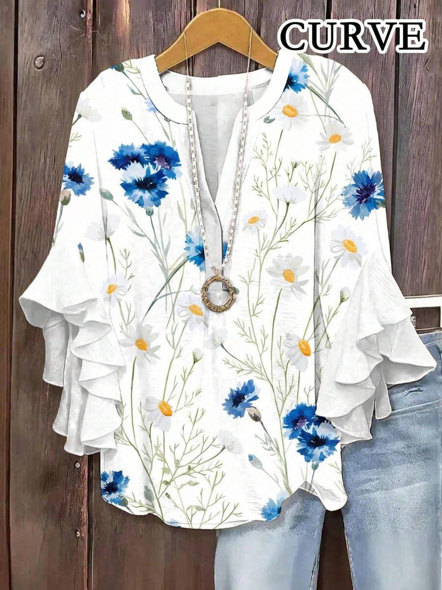 Plus Size Women Floral Print V-Neck Ruffle Sleeve Blouse Vacation White - White - View 1