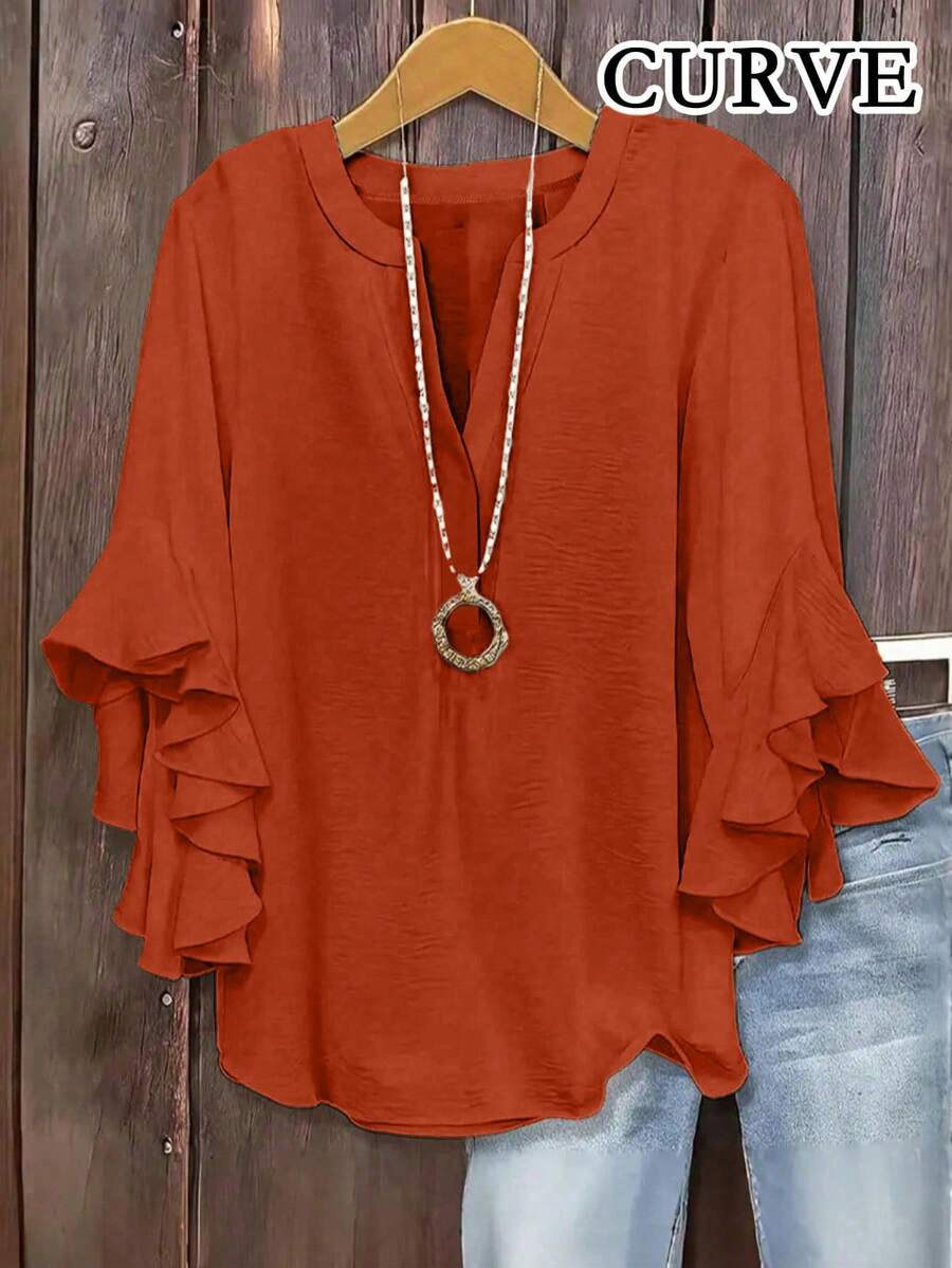 Blusa de estilo bohemio para mujer talla grande con cuello de muesca, dobladillo con volantes y mangas 3/4 en capas - Naranja Quemada - Ver 1