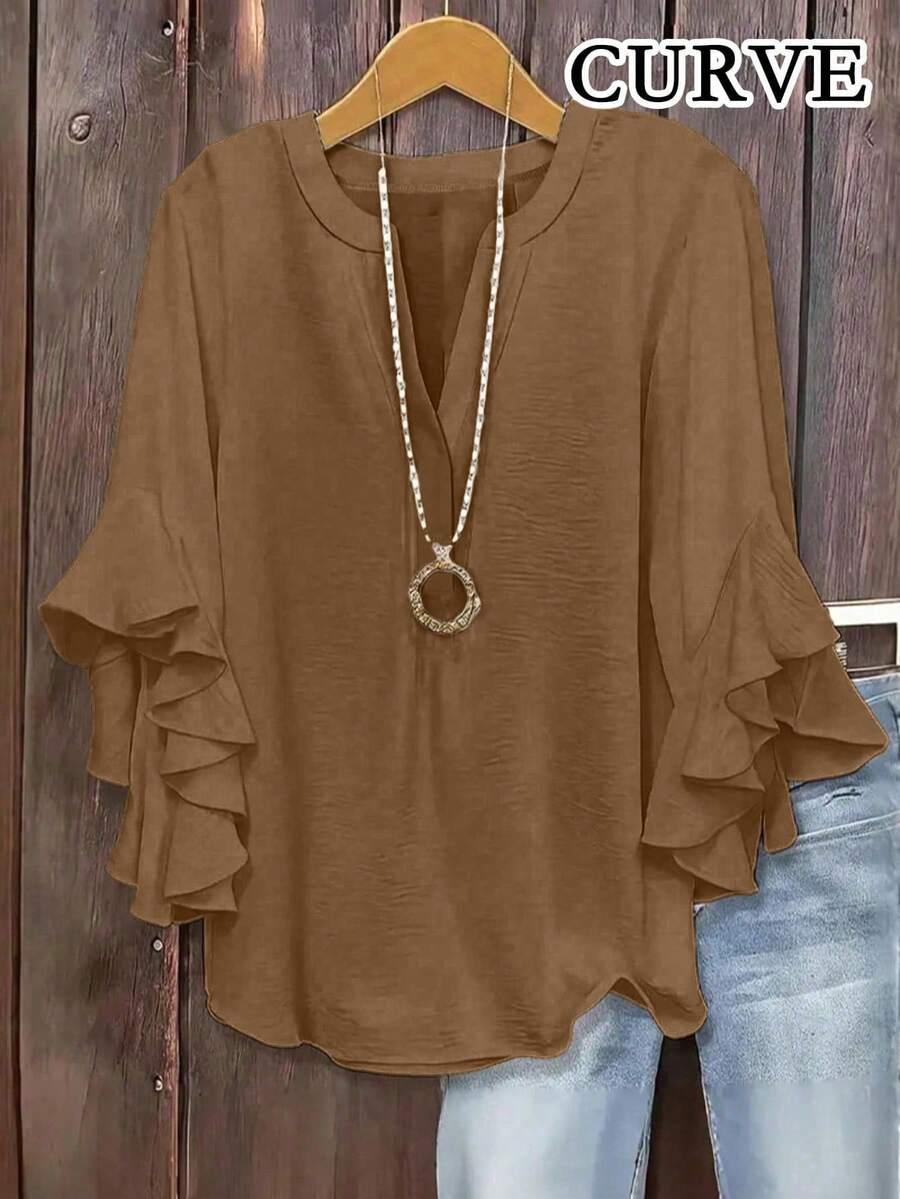 Plus Size Women V-Neck Ruffle Sleeve Solid Color Blouse, Casual Everyday - Camel - View 1