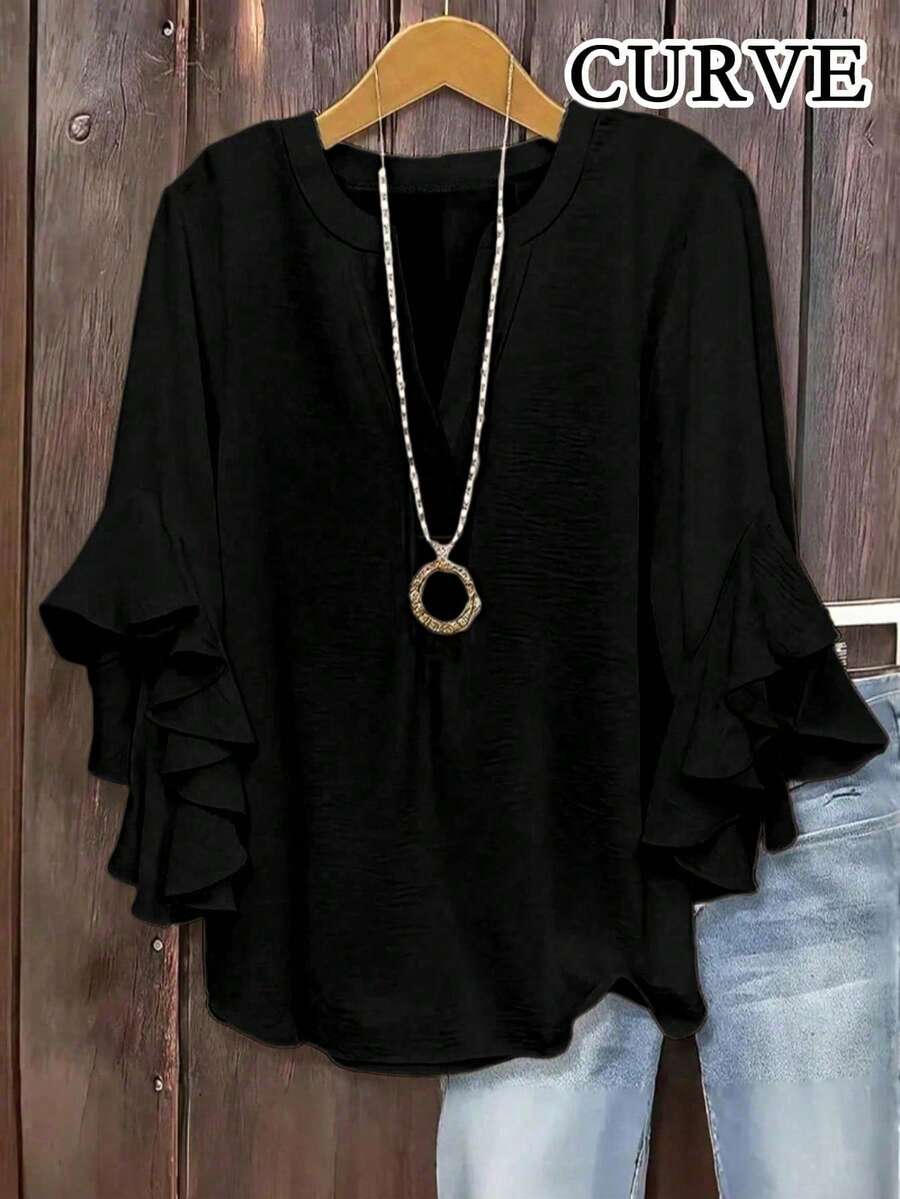 Plus Size Women V-Neck Ruffle Sleeve Solid Color Blouse Spring Black - Black - View 1