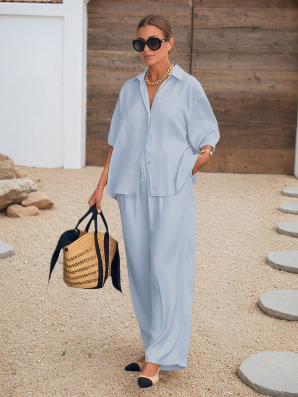 Conjunto feminino de camisa de gola alta em cor sólida, estilo francês, sem elasticidade, com calça pantalona. Look elegante e boêmio para o verão, 2 peças, leve e respirável.