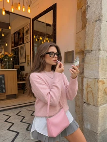 Sweater Rajut Wanita Warna Pink, Lengan Panjang dengan Bahu Longgar, Potongan Reguler, Cocok untuk Musim Gugur/Musim Dingin - Berwarna merah muda - View 4