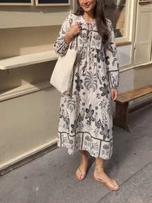 波西米亚风印花系带长袖连衣裙，复古黑白印花V领泡泡袖修身长裙，优雅 - 彩色 - 查看 2