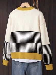 Suéter de punto tipo cárdigan para mujer con rayas amarillas y bloques de color, botones delanteros, holgado, adecuado para otoño/invierno - Albaricoque - Ver 2