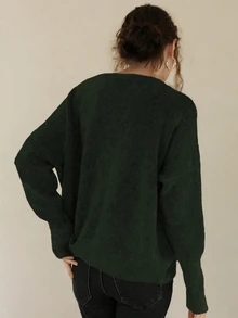 Knit Mix 优雅女士针织法式通勤毛衣，休闲宽松长袖圆领套头衫，适合秋冬季、圣诞节、感恩节、新年、情人节等节日穿着，是返校季和秋季女装的理想选择。 - 軍綠色 - 查看 2