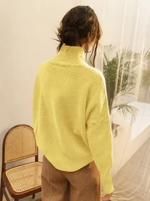 Knit Mix 优雅女士高领宽松针织毛衣，适合秋冬季节，加厚长袖套头衫，复古风格，适合圣诞节、新年、感恩节、情人节、返校季、冬季、秋季休闲穿着。 - 黃色 - 查看 3