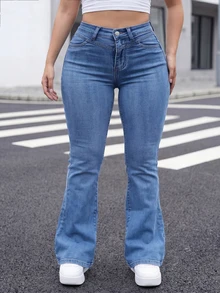 Women's Plus Size Mid-Stretch Flare Jeans, Decorated With Button And Zipper Details, Long Washed Denim Fabric, Creating A Smooth Autumn Look - Blue - View 2
