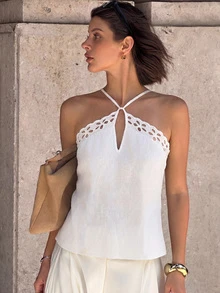 Top de tirantes finos blanco de verano para mujer con encaje calado y diseño cruzado, ajustado, cómodo y transpirable, ropa interior suave de estilo minimalista y sexy para salidas, uso diario, vacaciones y como prenda exterior - Albaricoque - Ver 3