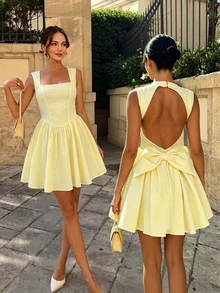 Women's Summer Solid Color A-Line Dress With Bow Decor Elegant - Yellow - View 3