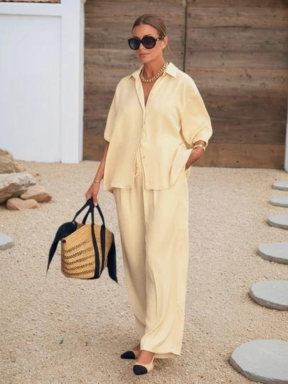 Damen französischer Stil gelbes Hemd ohne Stretch mit Kragen und weite Hose Set, bohemian eleganter Sommer 2-teiliger Anzug, leicht