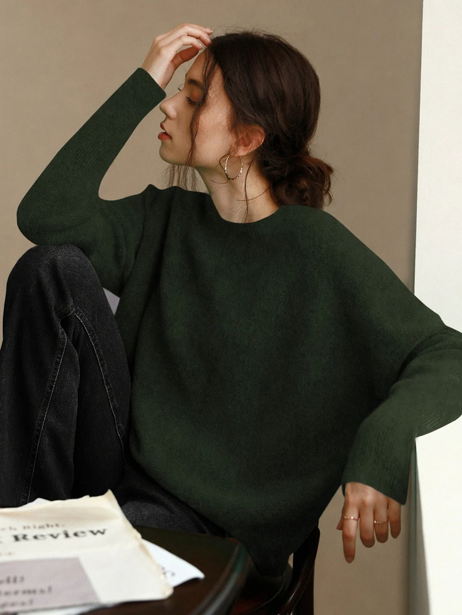 Knit Mix 优雅女士针织法式通勤毛衣,休闲宽松长袖圆领套头衫,适合秋冬季、圣诞节、感恩节、新年、情人节等节日穿着,是返校季和秋季女装的理想选择。 - 軍綠色 - 查看 1