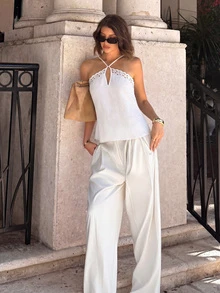 Top de tirantes finos blanco de verano para mujer con encaje calado y diseño cruzado, ajustado, cómodo y transpirable, ropa interior suave de estilo minimalista y sexy para salidas, uso diario, vacaciones y como prenda exterior - Albaricoque - Ver 6