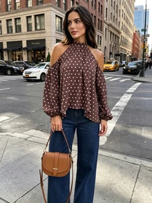 New Vintage French Style Women's Brown With White Polka Dot Halter Neck Cold Shoulder Top, Lazy Puff Sleeve Loose Flattering Polka Dot Blouse, Puff Sleeve Loose Asymmetrical Hem Commute Elegant Shirt For Women - Rust Brown - View 8