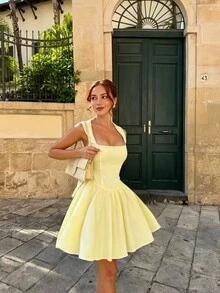 Women's Summer Solid Color A-Line Dress With Bow Decor Elegant - Yellow - View 2
