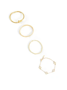 Rylithe 4pcs Luxury Stainless Steel Rhinestone Clover & Star Bangle Bracelet Set, Vintage Elegant Jewelry Suit For Women - Gold - View 2