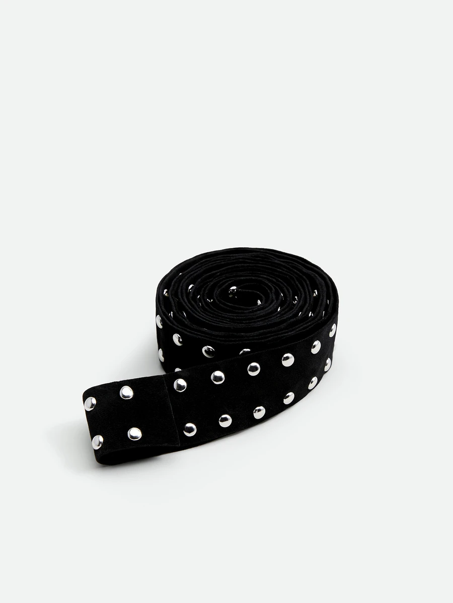 CHICVUE 2.6m Super Long Rivet Velvet Soft Tie Ribbon Belt For Women, Hiphop Punk Dark Design, Niche Street Shoot Essential Item - Velvet Black Narrow Version (width 4cm) - View 1