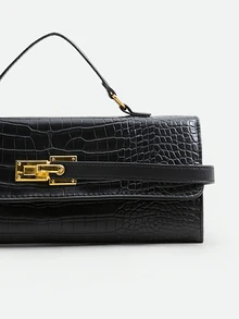 CHICVUE New BV Style Crocodile Embossed Structured Square Bag, Burgundy Fashion Personalized Crease Handbag, Strap Decor, Unique Metal Lock Closure - Black - View 6