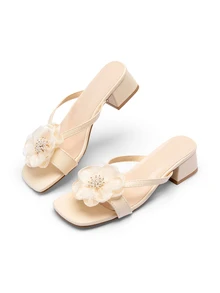 Rylithe French Thick Heel Pearl Flower Decor Toe Ring Slide Sandals, Slide-On Mules, Open Toe Casual Mid Heels, 2025 New Spring/Summer,Flip Flops - Beige - View 6