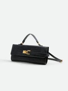 CHICVUE New BV Style Crocodile Embossed Structured Square Bag, Burgundy Fashion Personalized Crease Handbag, Strap Decor, Unique Metal Lock Closure - Black - View 3