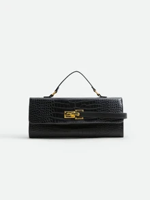 CHICVUE New BV Style Crocodile Embossed Structured Square Bag, Burgundy Fashion Personalized Crease Handbag, Strap Decor, Unique Metal Lock Closure - Black - View 1
