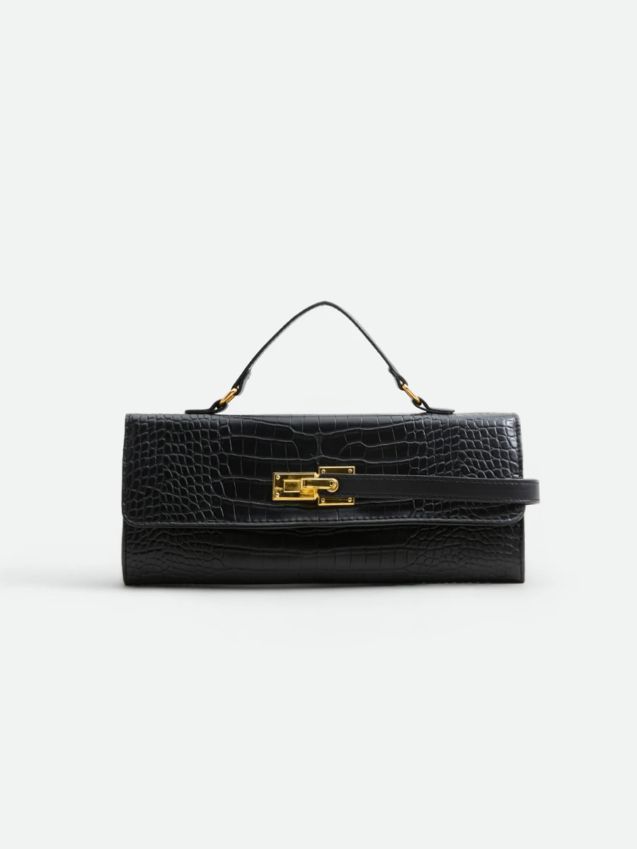 CHICVUE New BV Style Crocodile Embossed Structured Square Bag, Burgundy Fashion Personalized Crease Handbag, Strap Decor, Unique Metal Lock Closure - Black - View 1