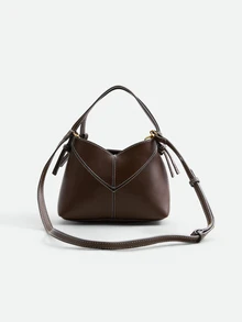 CHICVUE 1 buah Tas Ransel Wanita Kulit PU Warna Polos, Tas Selempang Modis, Tas Genggam Model Ember, Tali Bahu Dapat Diatur, Cocok Untuk Anak Perempuan dan Wanita - Kopi - View 3