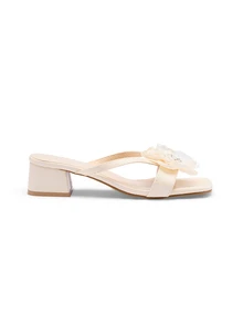 Rylithe French Thick Heel Pearl Flower Decor Toe Ring Slide Sandals, Slide-On Mules, Open Toe Casual Mid Heels, 2025 New Spring/Summer,Flip Flops - Beige - View 4