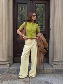 Cardigan Rajut Lengan Pendek Leher Bulat Motif Garis-garis Colorblock Y2K untuk Wanita, Cardigan Kasual Elegan untuk Perjalanan Sehari-hari ke Kantor/Kampus, Musim Semi/Panas - Mustard Yellow - View 3