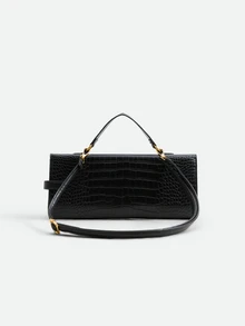CHICVUE New BV Style Crocodile Embossed Structured Square Bag, Burgundy Fashion Personalized Crease Handbag, Strap Decor, Unique Metal Lock Closure - Black - View 4