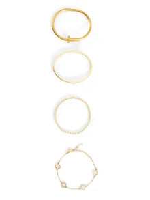 Rylithe 4pcs Luxury Stainless Steel Rhinestone Clover & Star Bangle Bracelet Set, Vintage Elegant Jewelry Suit For Women - Gold - View 3