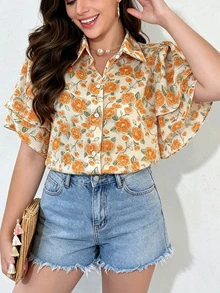 Plus Size Women Floral Print Ruffle Trim Short Sleeve Blouse Vacation Summer - Multicolor - View 2
