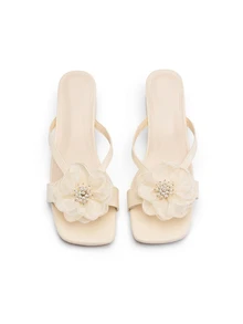 Rylithe French Thick Heel Pearl Flower Decor Toe Ring Slide Sandals, Slide-On Mules, Open Toe Casual Mid Heels, 2025 New Spring/Summer,Flip Flops - Beige - View 5