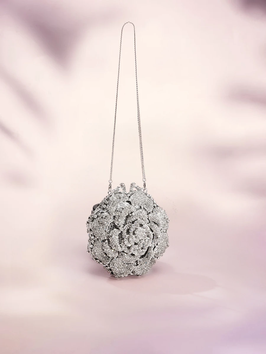 Rylithe 1pc Mini Elegant Clutch Bag, Rhinestone Flower Design, Suitable For Parties And Galas, Luxury Handmade Metal Crystal Clutch Purse - Multicolor - View 1