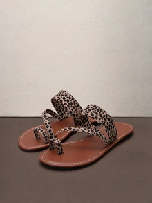 Hatastic EU New Style Plus Size Women Leopard Print Open Toe Comfort Flat Leather Slide Sandals, Casual Fashion Outdoor Beach Shoes For Summer Halloween - Brown - View 1