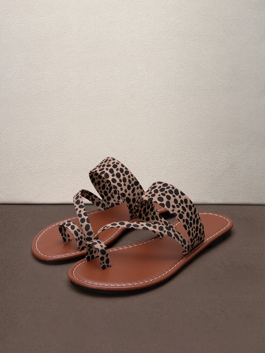 Hatastic EU New Style Plus Size Women Leopard Print Open Toe Comfort Flat Leather Slide Sandals, Casual Fashion Outdoor Beach Shoes For Summer Halloween - Brown - View 1