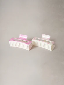 Hatastic 2件組情人節 ABS 材質粉色卡通清新甜美蝴蝶結 UV 印花髮夾，奶白色與粉色方形優雅髮夾，返校季適用 - 2件組-蝴蝶結印花 - 查看 5