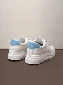 Hatastic Zapatos blancos para mujer versión nueva primavera/verano 2025, estilo coreano versátil casual minimalista Ins, zapatillas de suela gruesa para estudiantes, zapatos casuales de suela gruesa con aumento de altura, zapatos deportivos para mujer, mocasines rojos, zapatos planos color burdeos, zapatos azules, zapatillas de tenis para mujer, zapatos tejidos con lazo rosa y corazón, zapatos de moda de unicolor para mujer, estilo bohemio lindo para vacaciones y regreso a la escuela - Azul - Ver 3