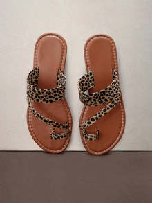 Hatastic EU New Style Plus Size Women Leopard Print Open Toe Comfort Flat Leather Slide Sandals, Casual Fashion Outdoor Beach Shoes For Summer Halloween - Brown - View 2