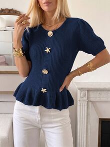 Women's Summer Knit Top - Round Neck Short Sleeve With Ruffle And Gold Button Details, Comfortable Knit Sweater Suitable For Simple Elegant Year-Round Wear - Navy Blue - View 1