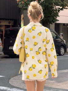 优雅休闲女士柠檬条纹衬衫，休闲衬衫领长袖开襟衬衫，女士办公室工作服，适合春、夏、秋、冬四季穿着，也适合户外、约会和度假穿着。 - 黃色 - 查看 2