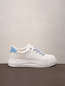Hatastic Zapatos blancos para mujer versión nueva primavera/verano 2025, estilo coreano versátil casual minimalista Ins, zapatillas de suela gruesa para estudiantes, zapatos casuales de suela gruesa con aumento de altura, zapatos deportivos para mujer, mocasines rojos, zapatos planos color burdeos, zapatos azules, zapatillas de tenis para mujer, zapatos tejidos con lazo rosa y corazón, zapatos de moda de unicolor para mujer, estilo bohemio lindo para vacaciones y regreso a la escuela - Azul - Ver 4