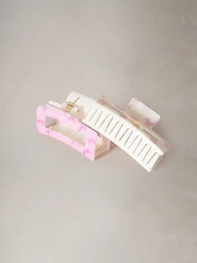 Hatastic 2件組情人節 ABS 材質粉色卡通清新甜美蝴蝶結 UV 印花髮夾，奶白色與粉色方形優雅髮夾，返校季適用 - 2件組-蝴蝶結印花 - 查看 3