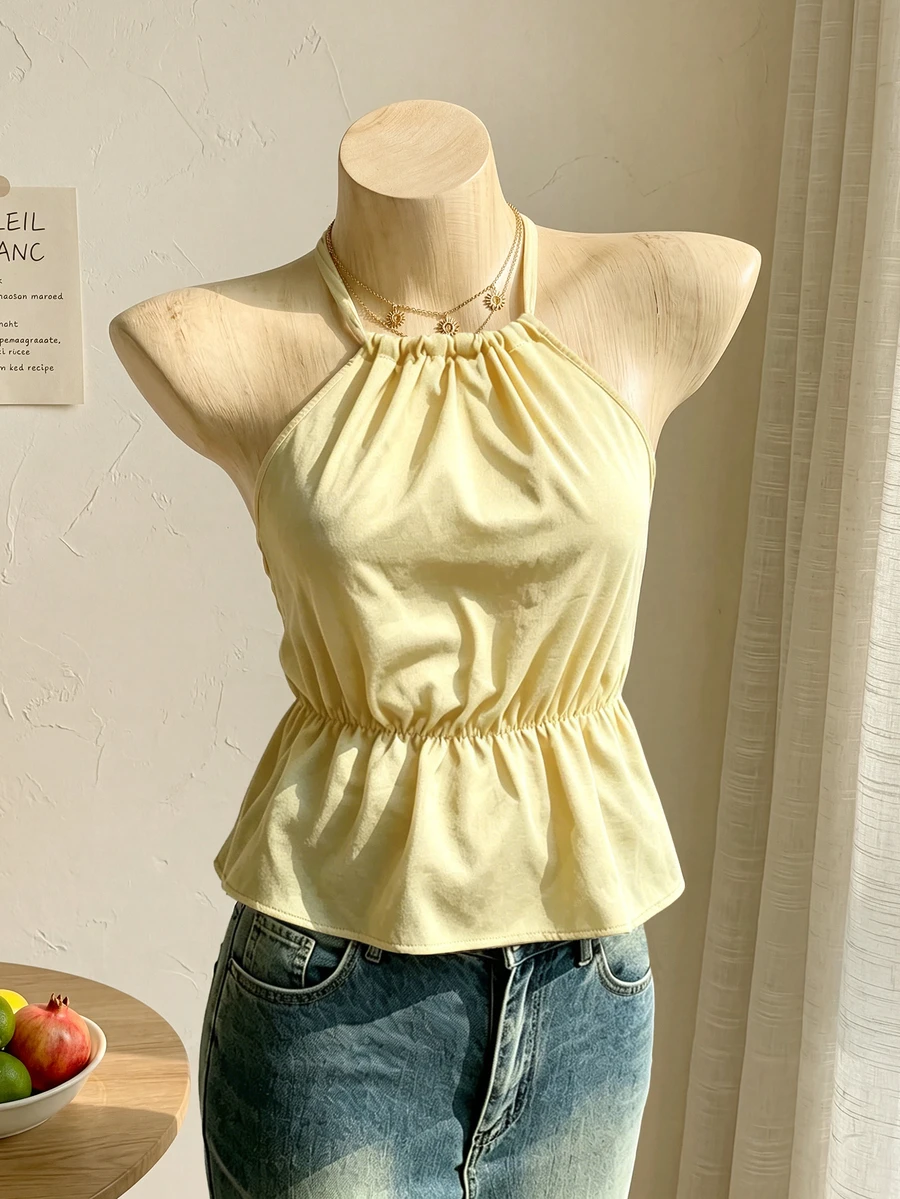 女士休闲抽绳褶皱舒适吊带背心，适合日常穿着、通勤、度假——优雅、柔软、轻盈、纯色，适合海滩、街头、夏季旅行。 - 奶油色 - 查看 1