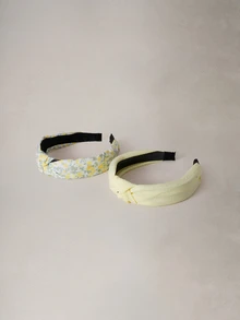 Hatastic 2pcs Women's Simple Elegant Yellow Solid & Floral Print Twist Headband, Suitable For Daily Back To School - Yellow - View 2