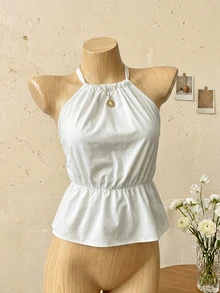 Women's Casual Drawstring Ruched Comfortable Camisole, Suitable For Daily Wear, Commute, Vacation - Elegant, Soft, Lightweight, Solid Color, Suitable For Beach, Street, Travel Summer - Beige - View 6