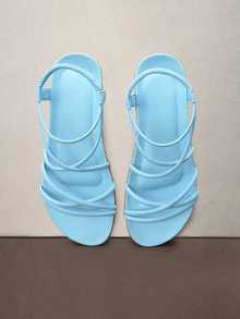 Hatastic 1 Pair Solid Color Elegant Beach Sandals, Fashion Basic Bohemian PU Leather Flat Sandals For Beach, Holiday, Wedding, School, Party, Office, Outdoor, Summer Back To School - Baby Blue - View 2