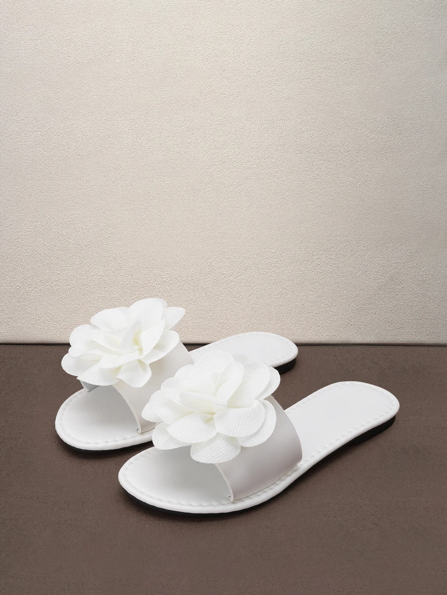 Hatastic 時尚舒適大尺碼平底涼鞋,3D花卉圖案,適合室內與戶外穿著,易穿脫(建議選大一號),返校季 - 白色 - 查看 1